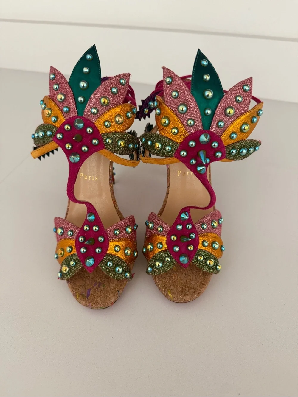 Women's Embellished Lace-Up Sandals - Pink & Teal - Picture 2 of 5